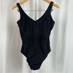 Mainstream Vintage Size 14 One Piece Mesh Textured Swimsuit V Neck Open Back